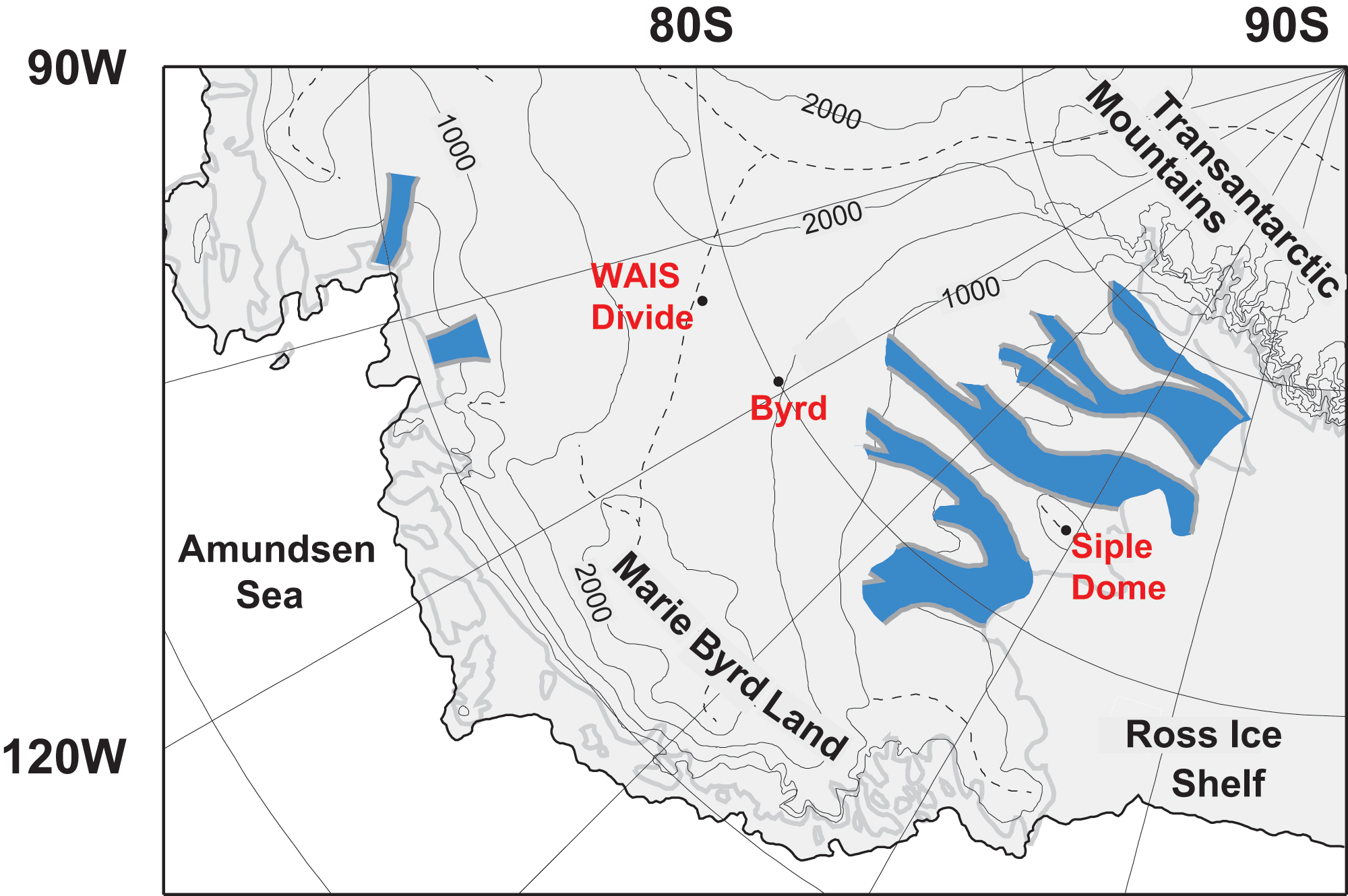 Map showing ice coring sites in West Antarctica